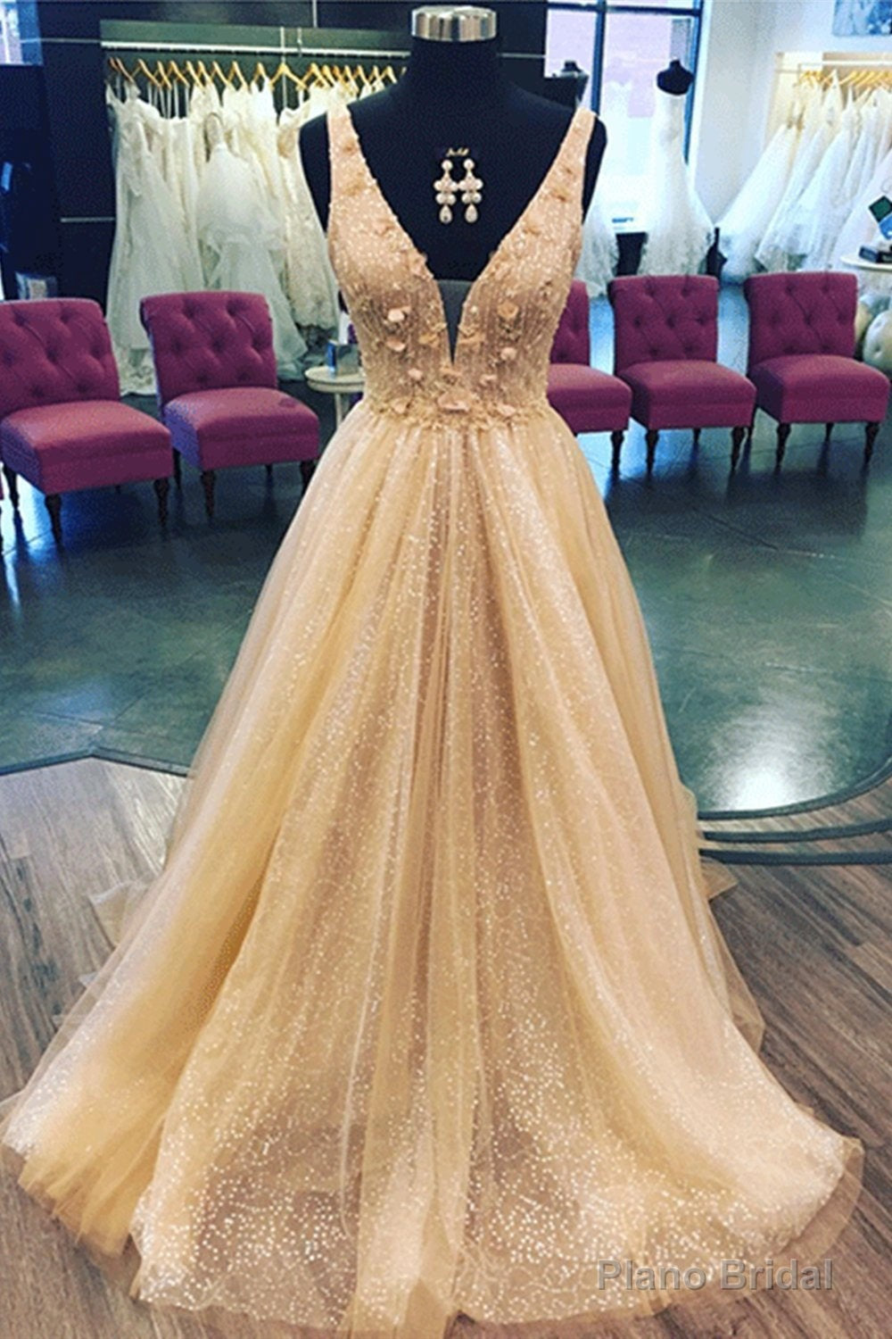 Shiny A Line V Neck Champagne Floral Sequin Long Tulle Prom Dress,Wedding Party Dresses Main image