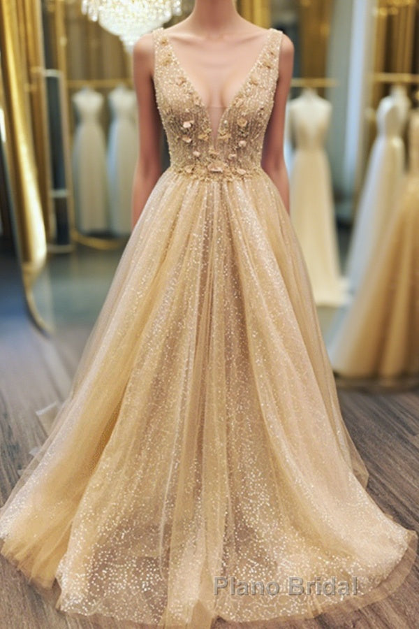 Shiny A Line V Neck Champagne Flowers Long Formal Prom Dress, Champagne V Neck Long Formal Evening Dress
