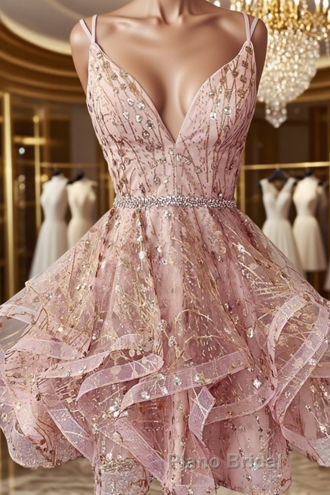 Shiny A Line V Neck Short Champagne Lace Formal Prom Dresses, Short Champagne Lace Formal Homecoming Dresses Main image