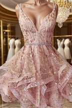 Shiny A Line V Neck Short Champagne Lace Formal Prom Dresses, Short Champagne Lace Formal Homecoming Dresses