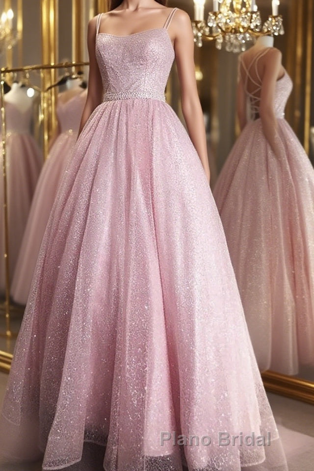 Shiny Backless Pink Sequins Long Formal Prom Dress, Pink Formal Evening Dress, Sparkly Ball Gown