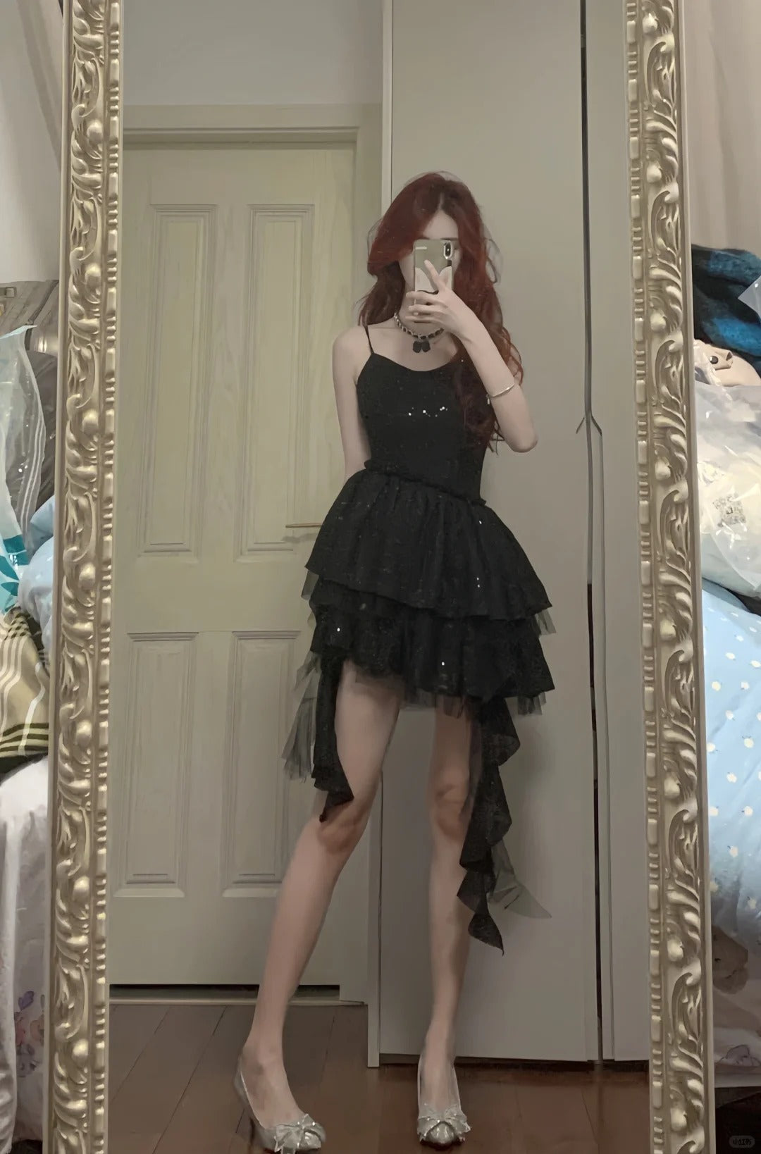 Shiny Black Spaghetti Strap Sequined Tulle Irregular Skirt 17Th Birthday Homecoming Dresses