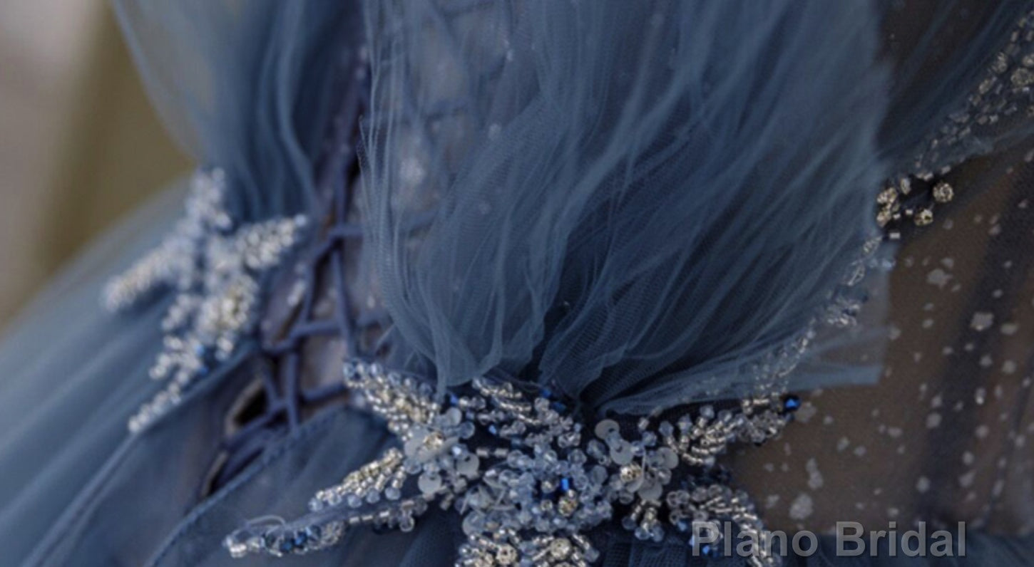 Shiny Blue Beaded Puffy Long Prom Dresses, Blue Beaded Long Formal Graduation Dresses