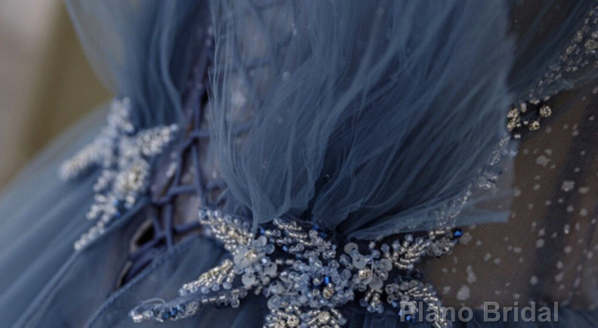 Shiny Blue Beaded Puffy Long Prom Dresses, Blue Beaded Long Formal Graduation Dresses