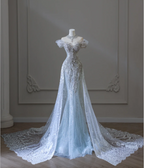 Shiny Blue Mermaid Rhinestone Lace Tulle Wedding Dress with Train
