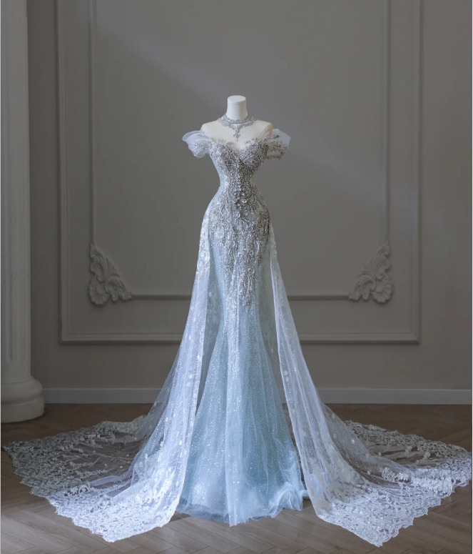 Shiny Blue Mermaid Rhinestone Lace Tulle Wedding Dress with Train