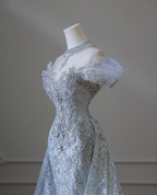 Shiny Blue Mermaid Rhinestone Lace Tulle Wedding Dress with Train