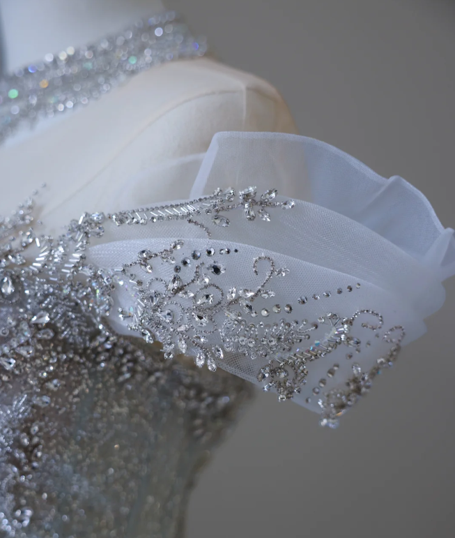 Shiny Blue Mermaid Rhinestone Lace Tulle Wedding Dress with Train