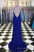 Shiny Blue Sequins Mermaid Backless Long Formal Prom Dress with High Slit, Mermaid Blue Formal Dress, Blue Evening Dress