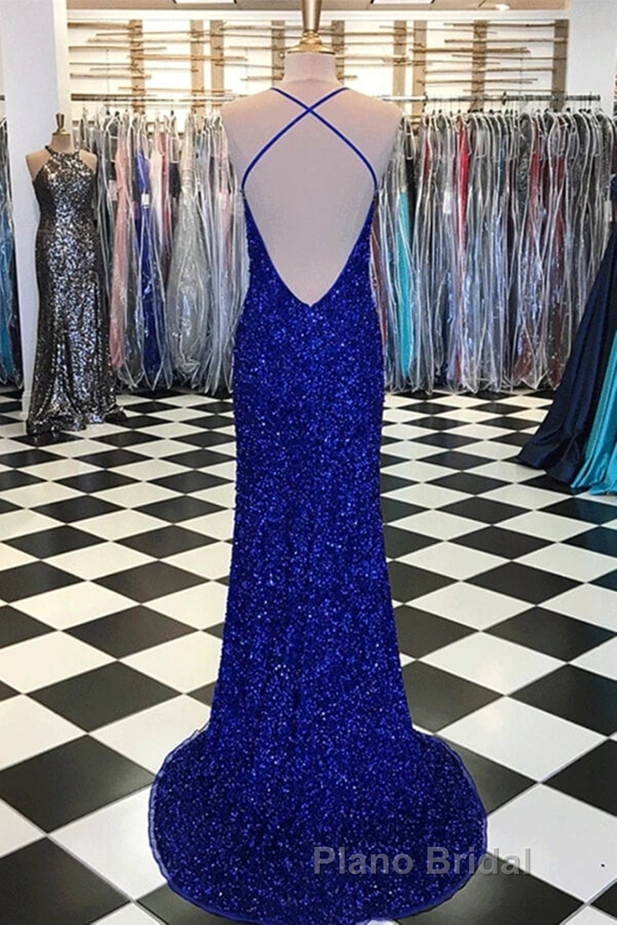 Shiny Blue Sequins Mermaid Backless Long Formal Prom Dress with High Slit, Mermaid Blue Formal Dress, Blue Evening Dress