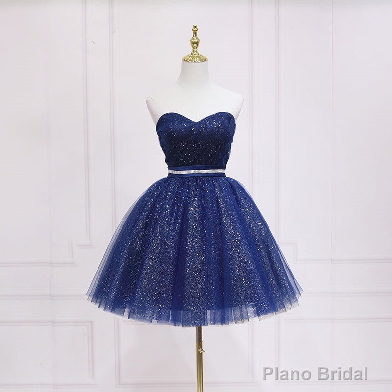 Shiny Blue Tulle Sweetheart Homecoming Dress Party Dress, Navy Blue Short Prom Dress Secondary image