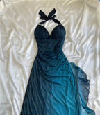 Shiny Chiffon Halter Sheath Formal Prom Dresses For Party&Birthday Elegant Blue Formal Evening Gowns