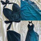 Shiny Chiffon Halter Sheath Formal Prom Dresses For Party&Birthday Elegant Blue Formal Evening Gowns