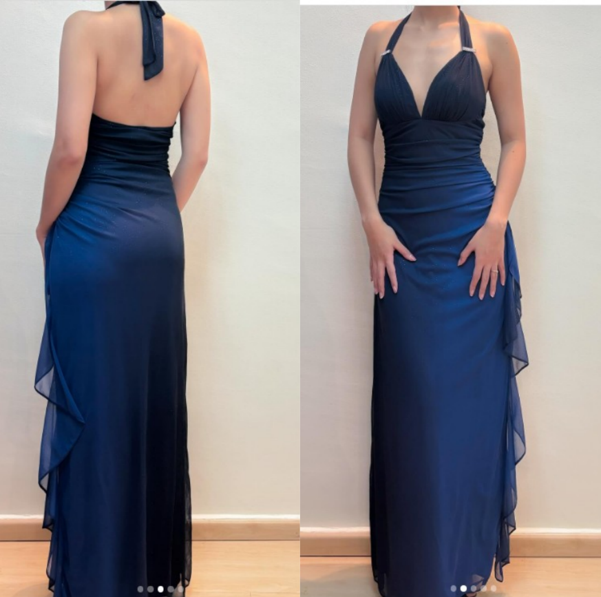 Shiny Chiffon Halter Sheath Formal Prom Dresses For Party&Birthday Elegant Blue Formal Evening Gowns