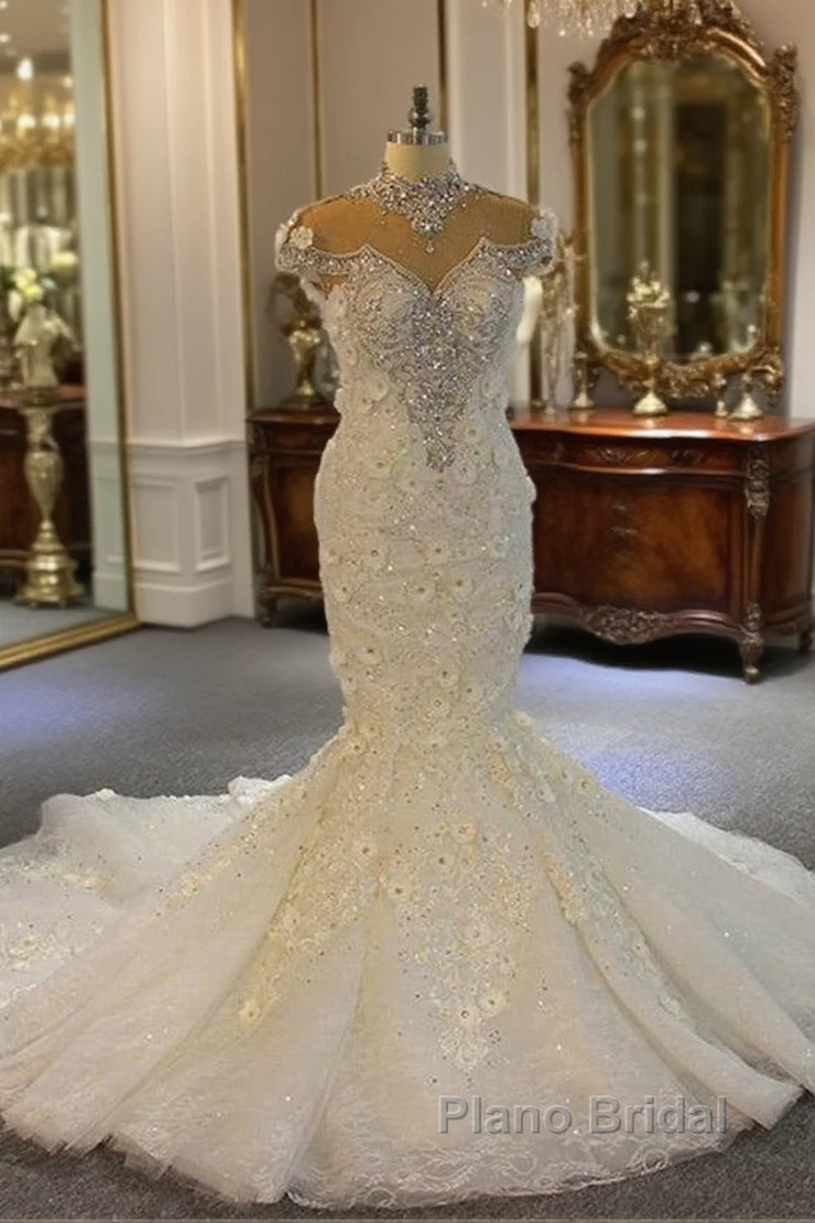 Shiny Crystal High Neck Floral Wedding Dresses Sheer Tulle Sleeveless Mermaid Bridal Gowns Main image