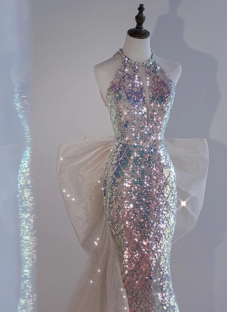 Shiny Dreamy Iridescent Gradient Mermaid Halter Neck Bow Sequin Long Formal Prom Dresses Secondary image