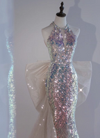 Shiny Dreamy Iridescent Gradient Mermaid Halter Neck Bow Sequin Long Formal Prom Dresses