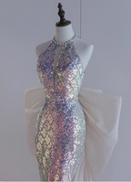 Shiny Dreamy Iridescent Gradient Mermaid Halter Neck Bow Sequin Long Formal Prom Dresses
