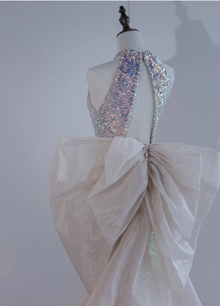 Shiny Dreamy Iridescent Gradient Mermaid Halter Neck Bow Sequin Long Formal Prom Dresses