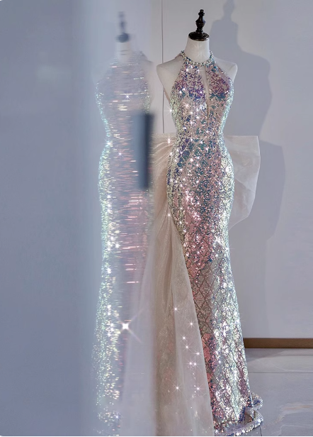 Shiny Dreamy Iridescent Gradient Mermaid Halter Neck Bow Sequin Long Formal Prom Dresses