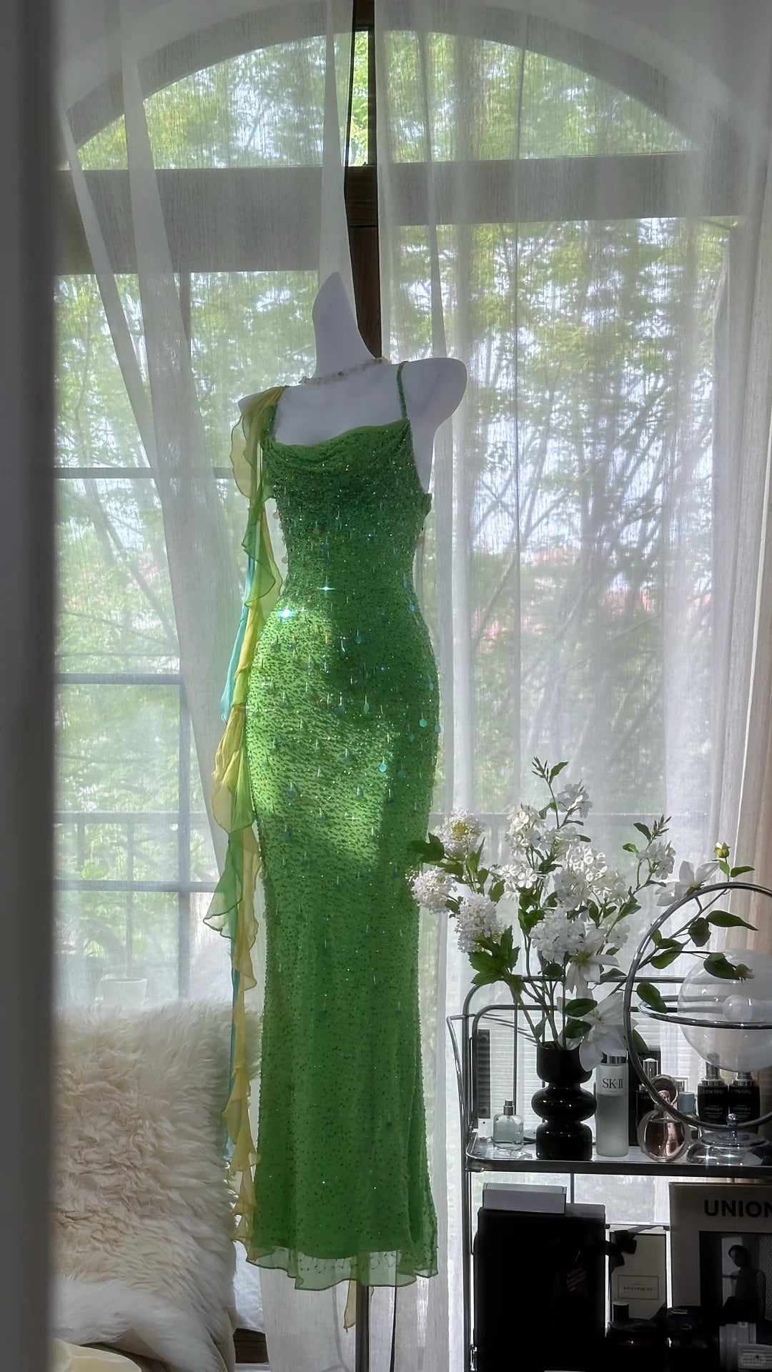Shiny Full Beaded Heavy Green Mermaid Backless Prom Gown Formal Prom Dresses