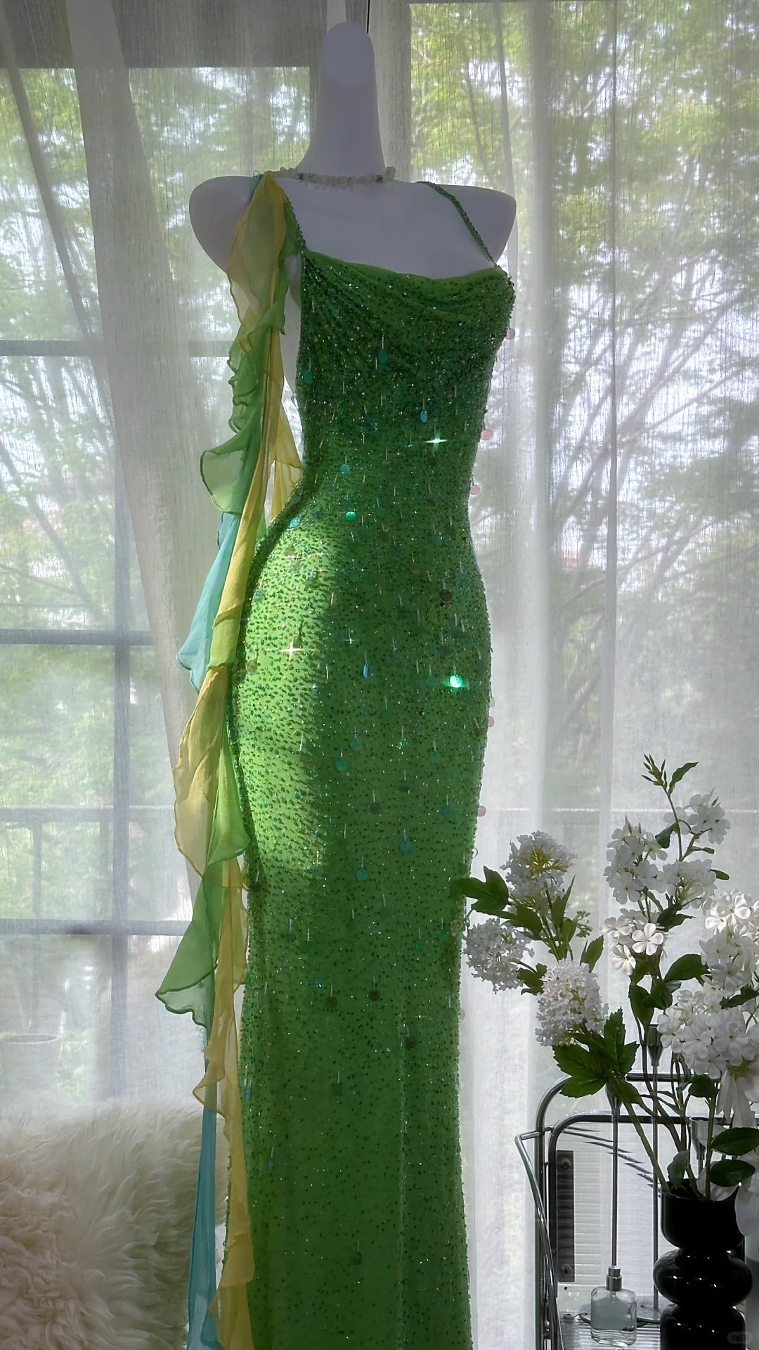 Shiny Full Beaded Heavy Green Mermaid Backless Prom Gown Formal Prom Dresses