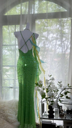 Shiny Full Beaded Heavy Green Mermaid Backless Prom Gown Formal Prom Dresses