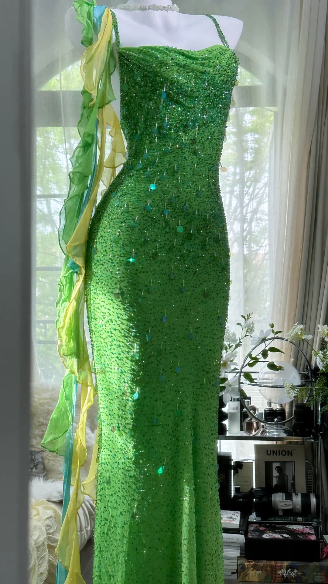 Shiny Full Beaded Heavy Green Mermaid Backless Prom Gown Formal Prom Dresses