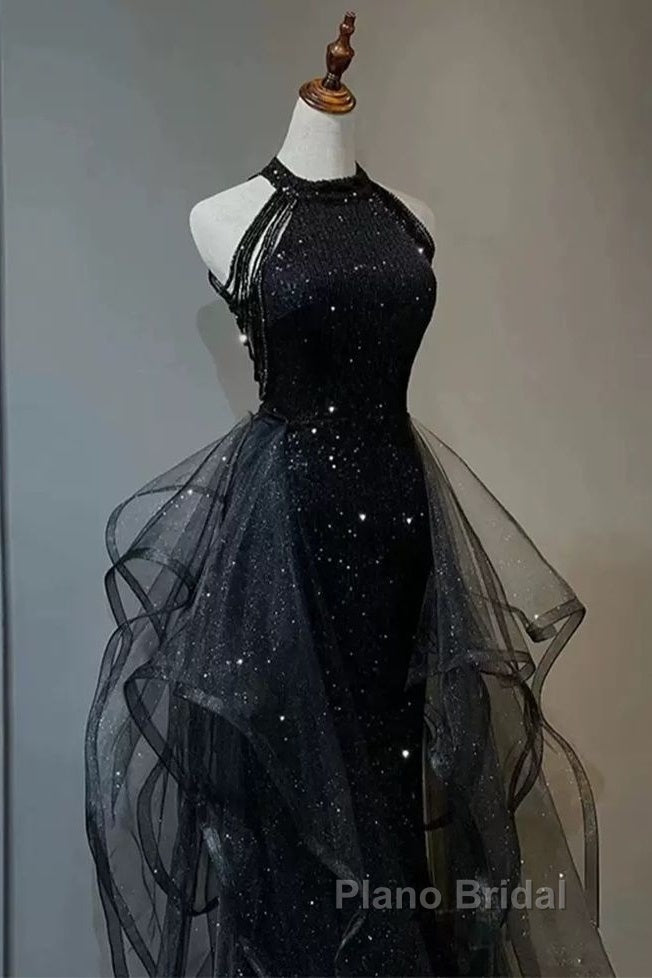 Shiny Halter Sequin Tulle Layered Long Formal Prom Dresses Black Evening Dresses Wedding Dresses