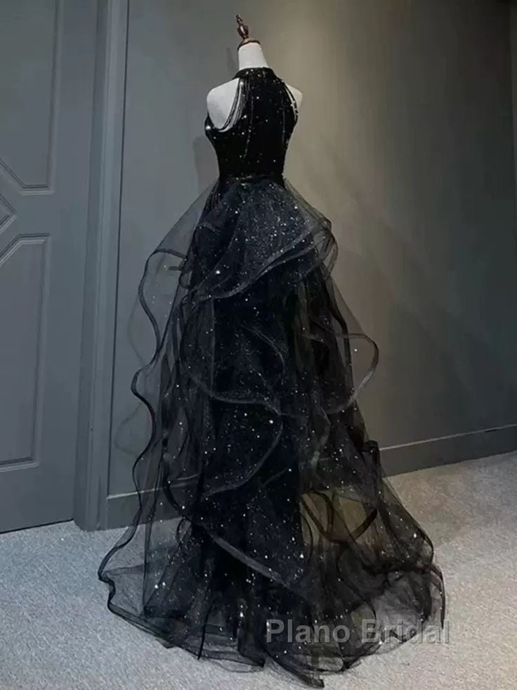 Shiny Halter Sequin Tulle Layered Long Formal Prom Dresses Black Evening Dresses Wedding Dresses