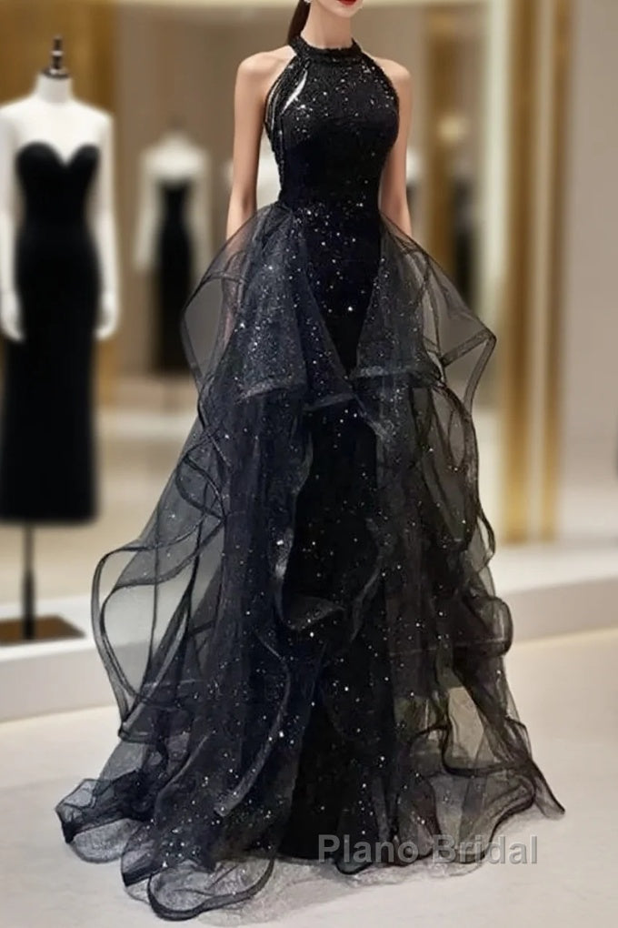 Shiny Halter Sequin Tulle Layered Long Formal Prom Dresses Black Evening Dresses Wedding Dresses Main image