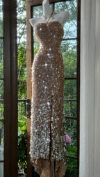 Shiny Halterneck Large Sequined Slit Mermaid Formal Prom Dresses