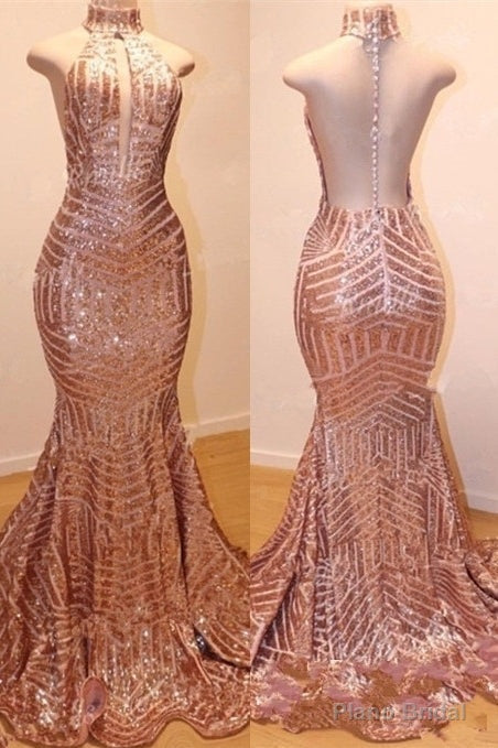 Shiny High Neck Sleeveless Sequins Mermaid Prom Dresses Main image