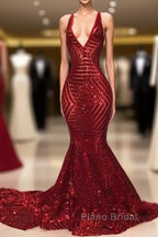 Shiny Mermaid Long V Neck Red Sequins Formal Prom Dresses