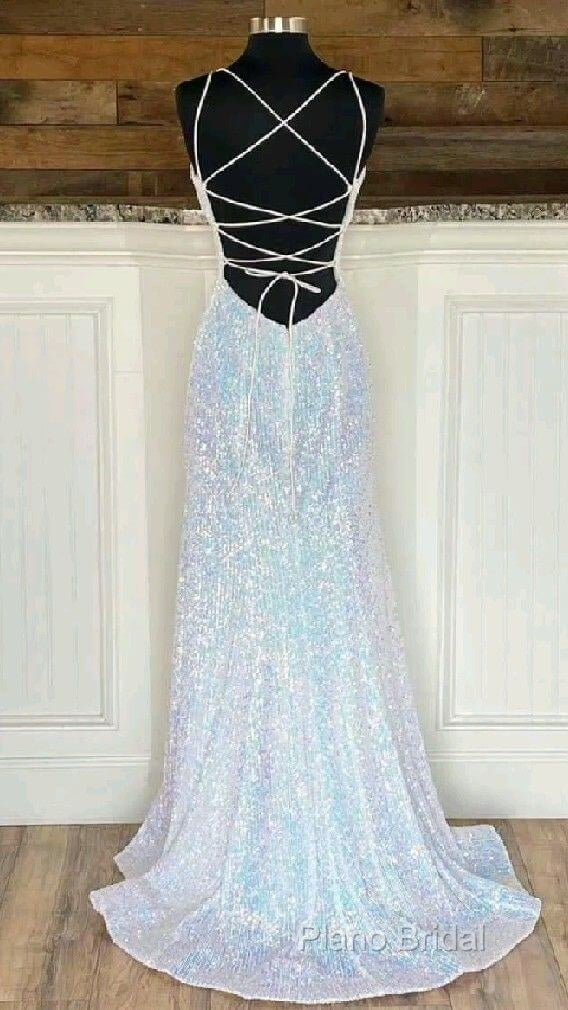 Shiny Mermaid Sequins Long White Formal Prom Dresses V Neck Sleeveless Formal Dresses Secondary image