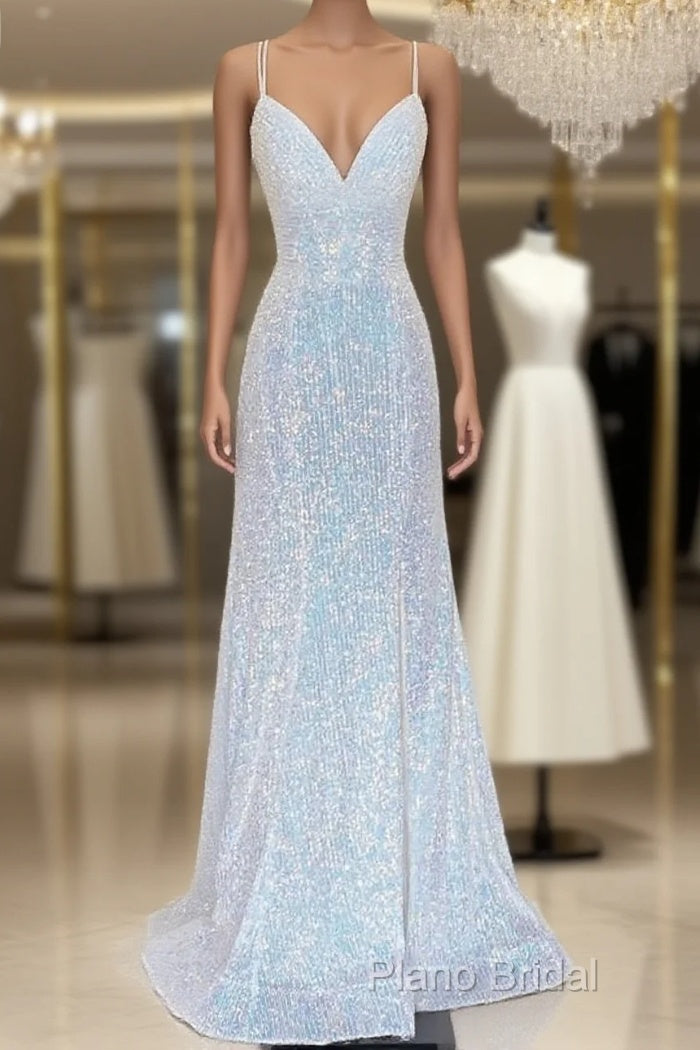 Shiny Mermaid Sequins Long White Formal Prom Dresses V Neck Sleeveless Formal Dresses Main image