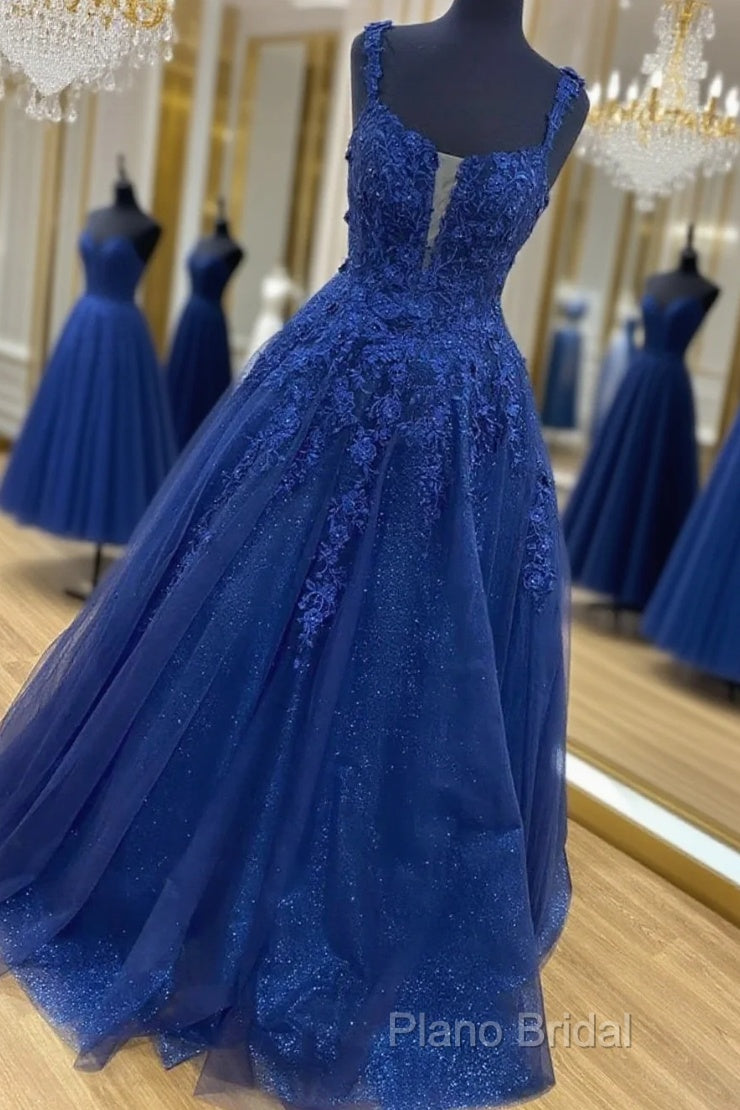 Shiny Navy Blue Lace Formal Prom Dresses, Navy Blue Lace Formal Graduation Dresses Main image