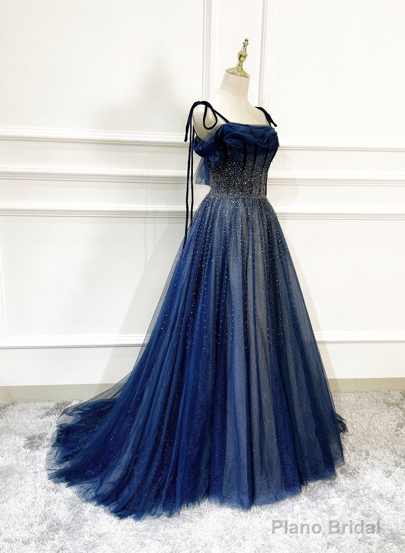 Shiny Navy Blue Tulle Straps Long Prom Dresses Party Dresses, A-line Beaded Prom Dresses