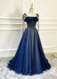 Shiny Navy Blue Tulle Straps Long Prom Dresses Party Dresses, A-line Beaded Prom Dresses