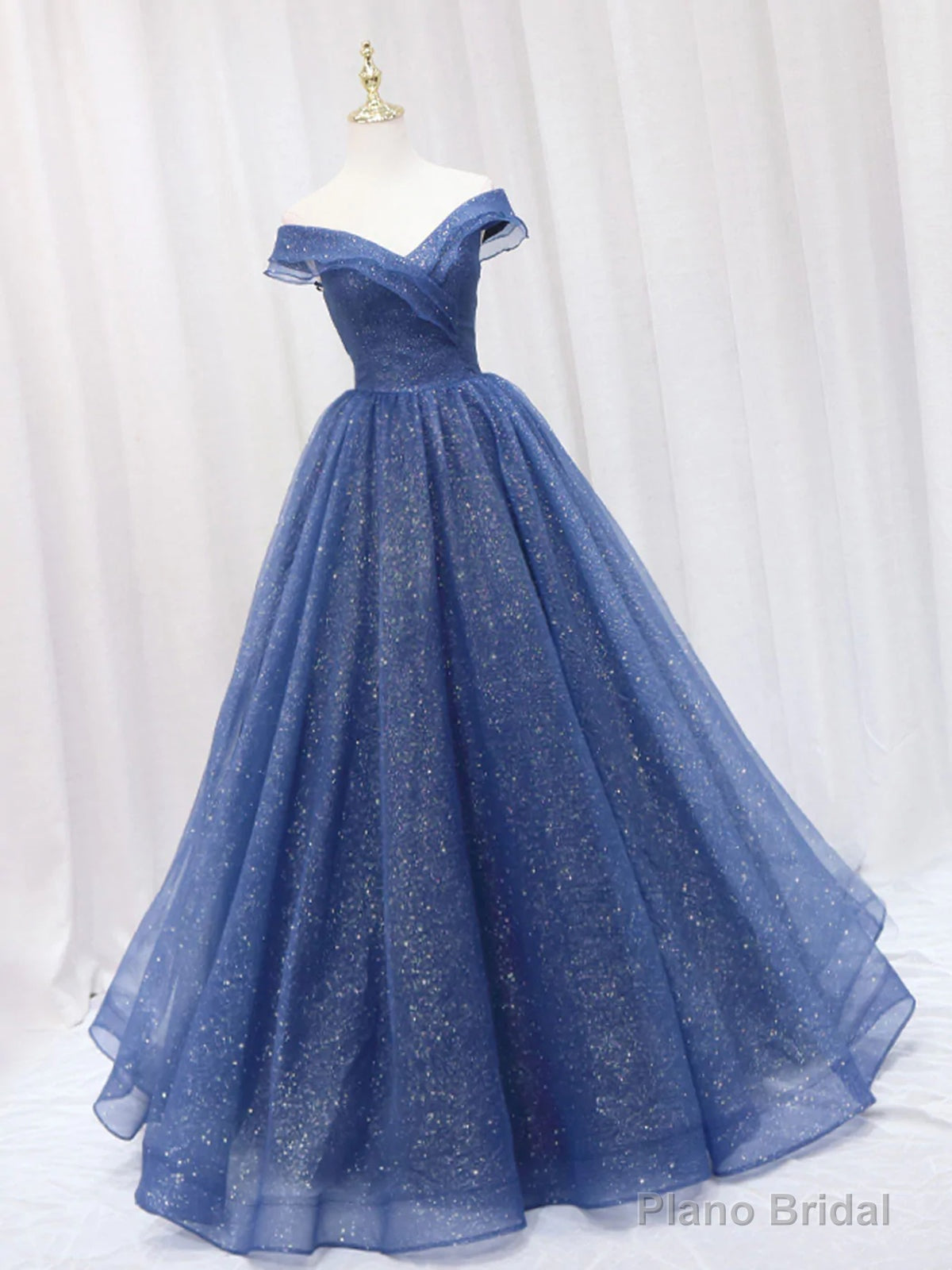Shiny Off Shoulder Navy Blue Tulle Long Prom Dresses, Navy Blue Formal Graduation Evening Dresses Main image