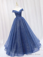 Shiny Off Shoulder Navy Blue Tulle Long Prom Dresses, Navy Blue Formal Graduation Evening Dresses