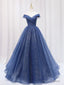 Shiny Off Shoulder Navy Blue Tulle Long Prom Dresses, Navy Blue Formal Graduation Evening Dresses