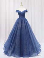 Shiny Off Shoulder Navy Blue Tulle Long Prom Dresses, Navy Blue Formal Graduation Evening Dresses