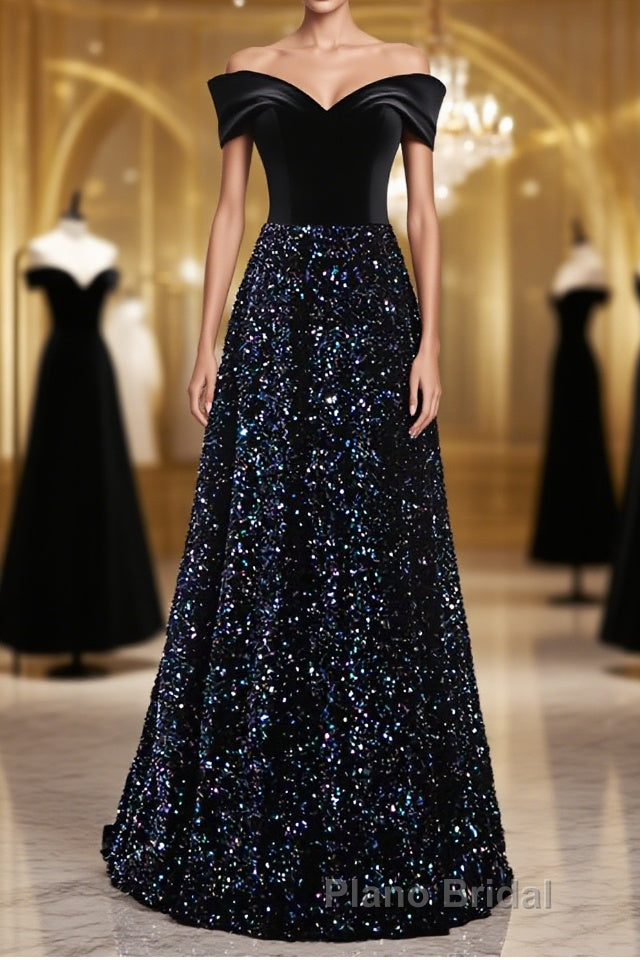 Shiny Off the Shoulder Black Formal Prom Dresses with Corset Back, Shiny Black Long Formal Evening Dresses