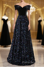 Shiny Off the Shoulder Black Formal Prom Dresses with Corset Back, Shiny Black Long Formal Evening Dresses