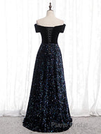 Shiny Off the Shoulder Black Formal Prom Dresses with Corset Back, Shiny Black Long Formal Evening Dresses