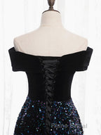 Shiny Off the Shoulder Black Formal Prom Dresses with Corset Back, Shiny Black Long Formal Evening Dresses