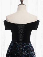 Shiny Off the Shoulder Black Formal Prom Dresses with Corset Back, Shiny Black Long Formal Evening Dresses