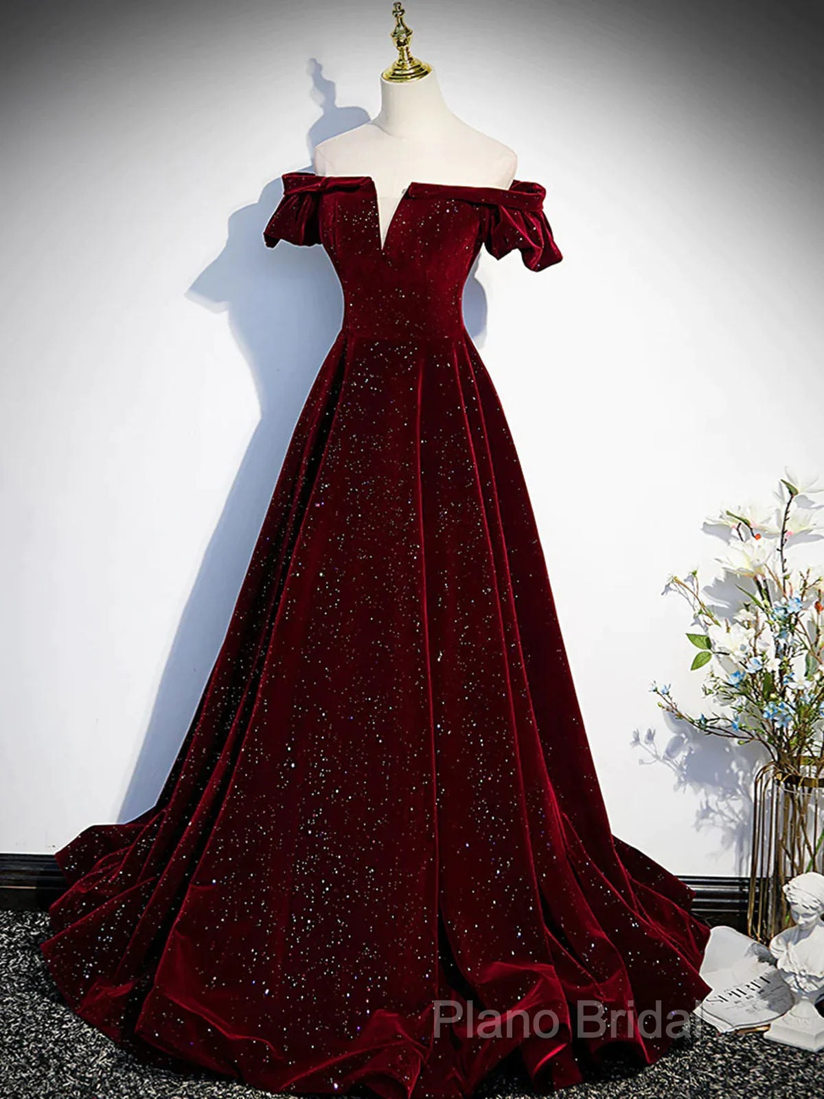 Shiny Off The Shoulder Burgundy Long Formal Prom Dresses Secondary image