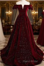 Shiny Off The Shoulder Burgundy Long Formal Prom Dresses